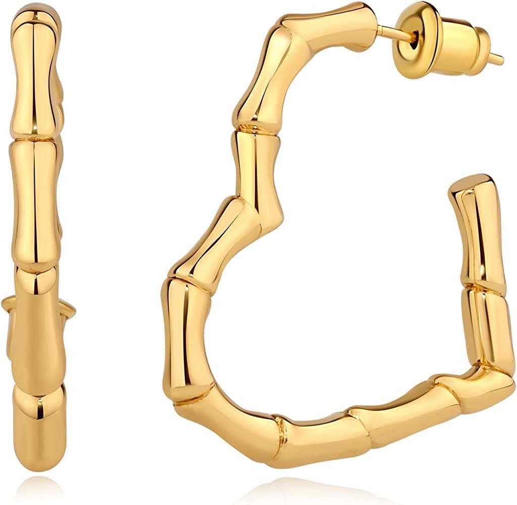 MORAOWA Gold Bamboo Hoop Earrings 14K Gold Plated Heart Shape 925 Sterling Silver Post Lightweigh... | Amazon (US)