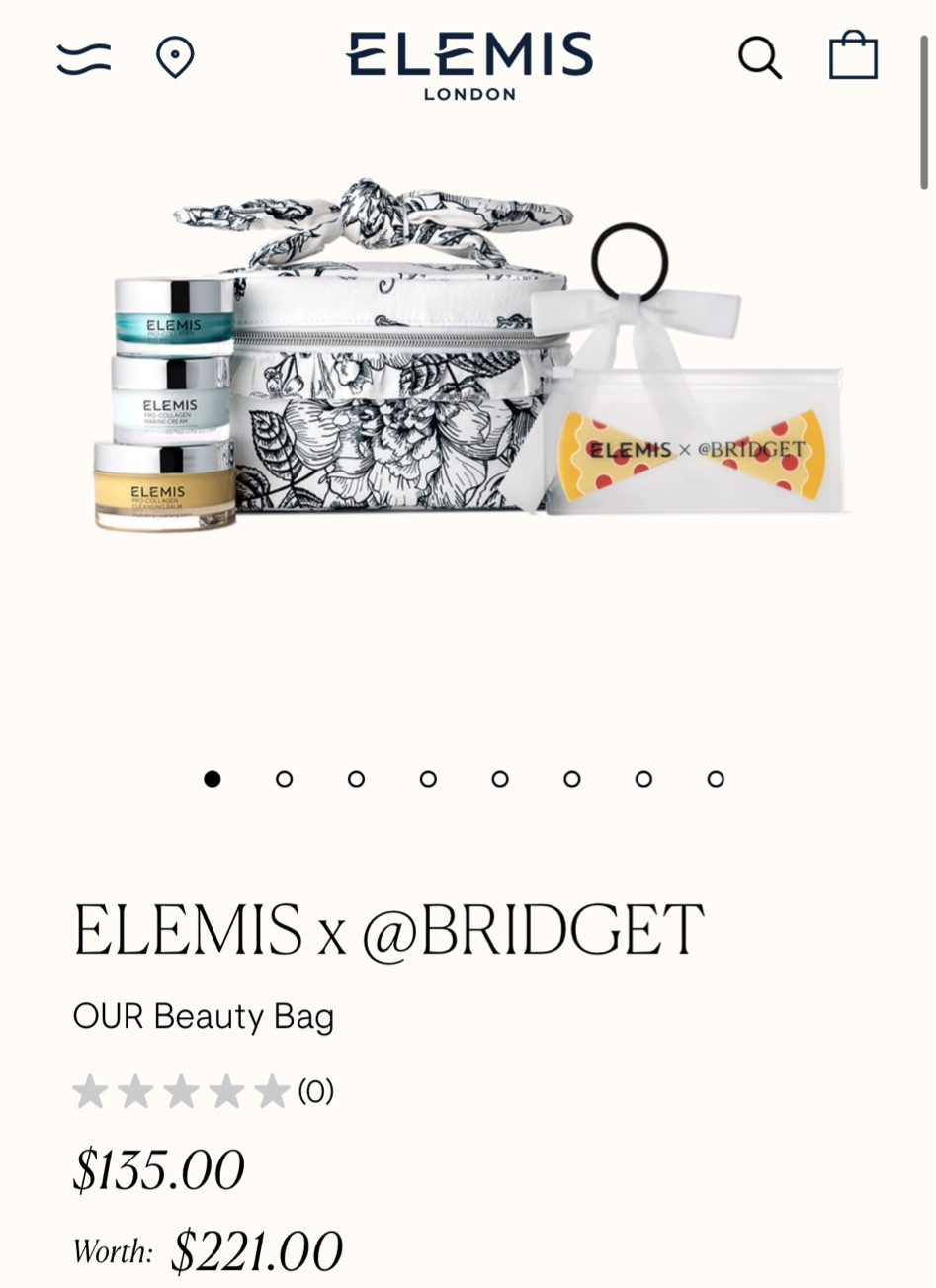 Elemis x Bridget 
Makeup removing Cleansing Balm, Pro-Collagen Eye Revive 15ml (Full Size) their best selling Pro-Collagen Marine Cream, Cosmetics Bag, Hair Bow, Reusable Pizza Eye Patches

#LTKbeauty #LTKsalealert #LTKitbag