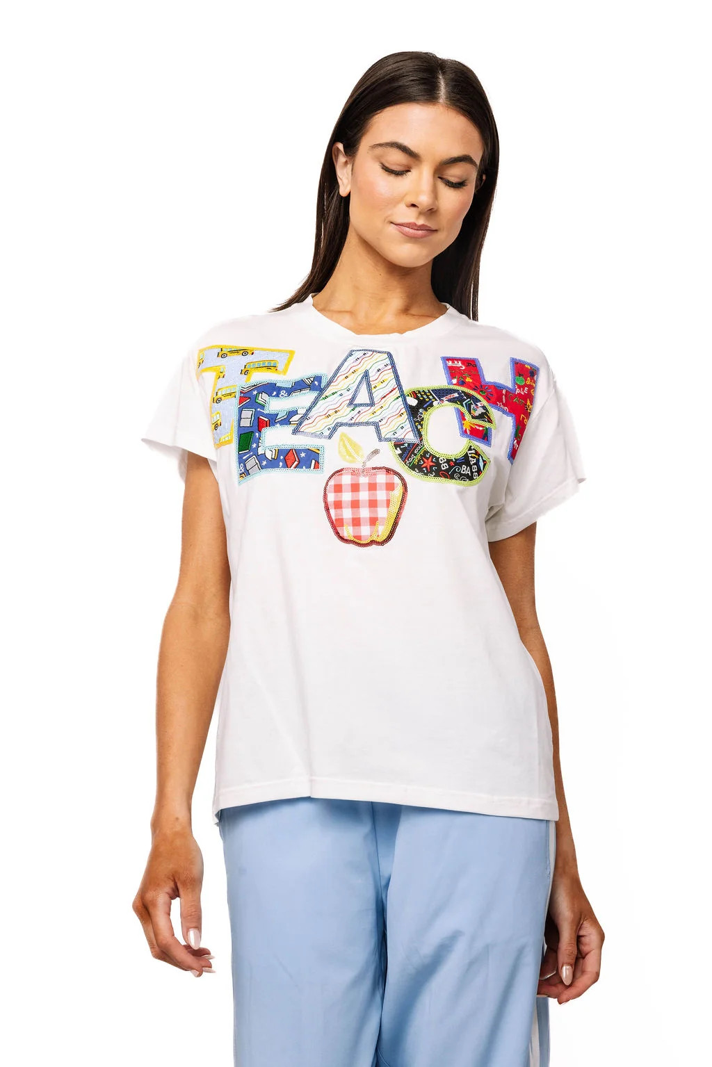 White Multi Fabric 'Teach' Apple Tee | Queen of Sparkles