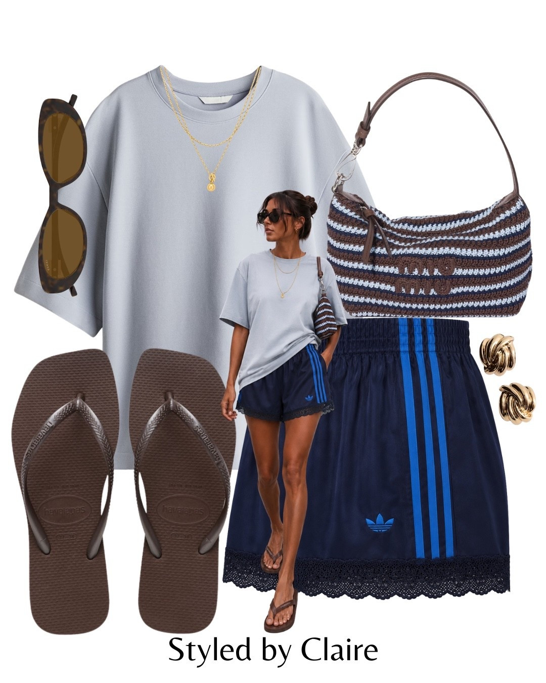 ADIDAS LACE TRIM SHORTS🩵💙🩵
Tags: oversized boxy tshirt pale blue H&M Zara havaianas flip flop sandals brown chocolate moi miu crochet pouch shoulder bag navy shorts sunglasses earrings fashion cool girl city break inspo outfit ideas ootd trending summer

#LTKsummer #LTKstyletip #LTKshoes