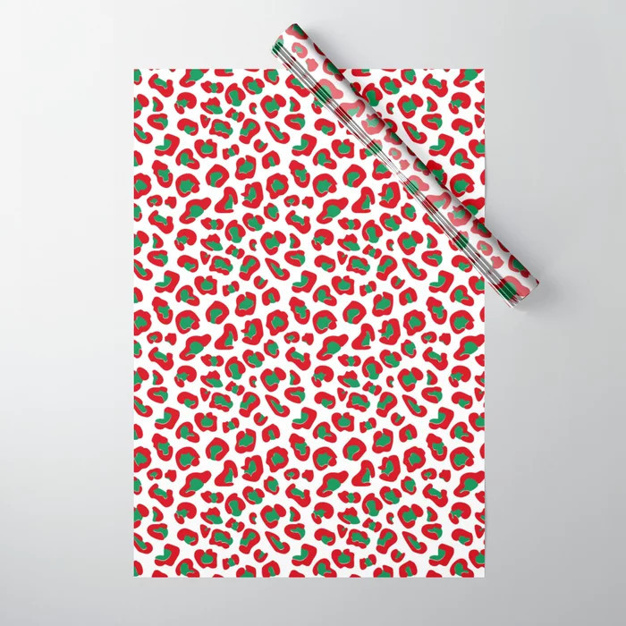 Christmas Leopard Print Red and Green on White Wrapping Paper | Society6