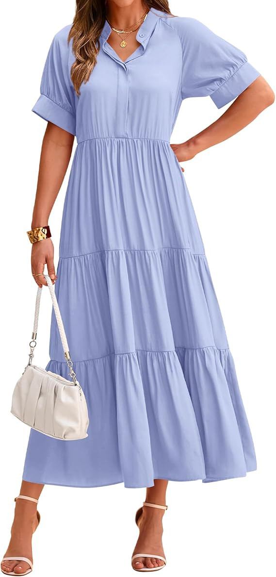 dowerme Women's Summer Dresses 2024 Casual Short Sleeve Button Loose Fit Pleated Boho Flowy Swing... | Amazon (US)