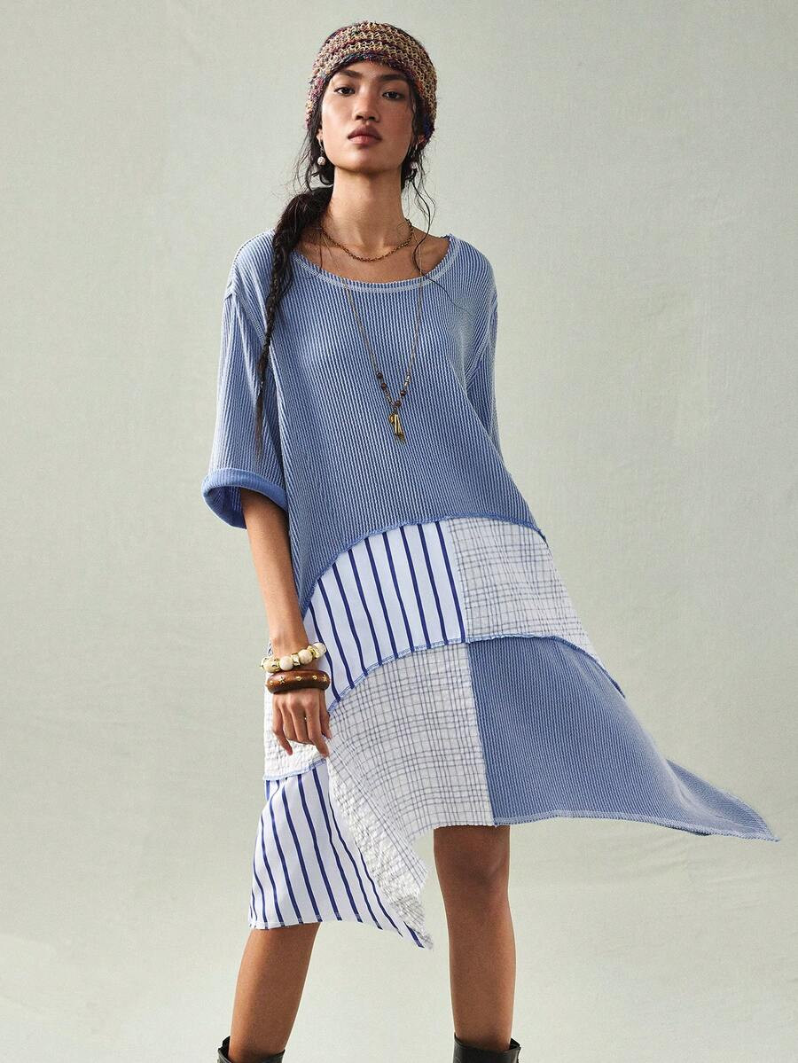 Women's Round Neck Short Sleeve Vintage Washed Patchwork Asymmetrical Hem Casual Dress | SHEI... | SHEIN