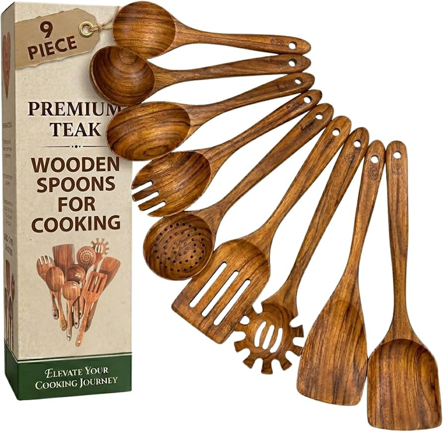 Teak Wooden Utensil Set (9-Piece) \u2013 Teak Cooking Utensils for Nonstick Cookware, Teak Wooden... | Amazon (US)