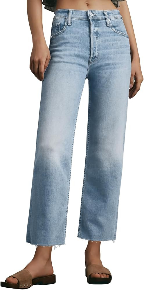 Allimy Womens Tummy Control High Waisted Straight Leg Jeans Stretchy Raw Hem Cropped Denim Pants | Amazon (US)