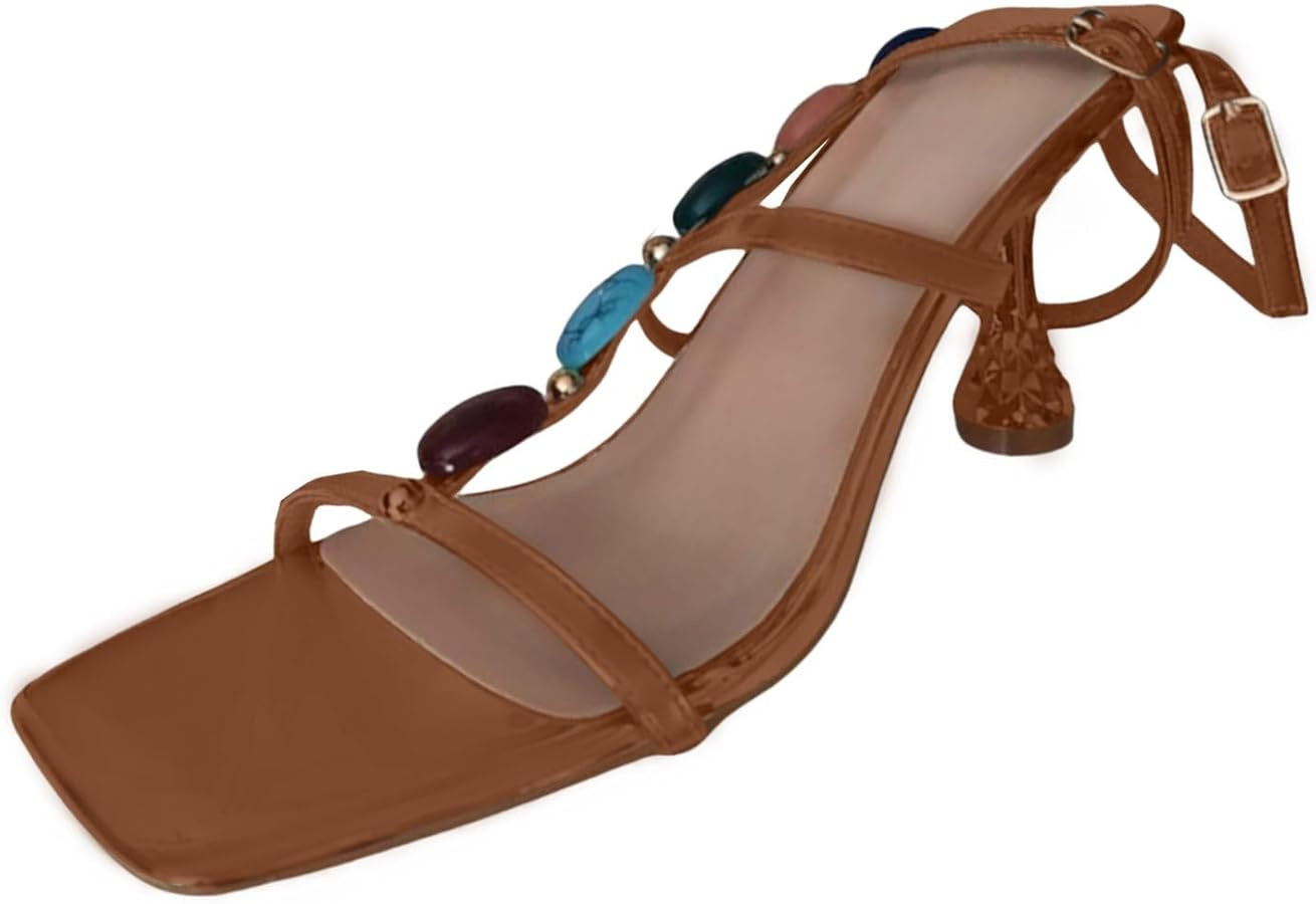 Women's Gemstone Lace Up High Heeled Sandals 2025 Summer Casual Fashion Open Toe Comfy Square Toe... | Amazon (US)