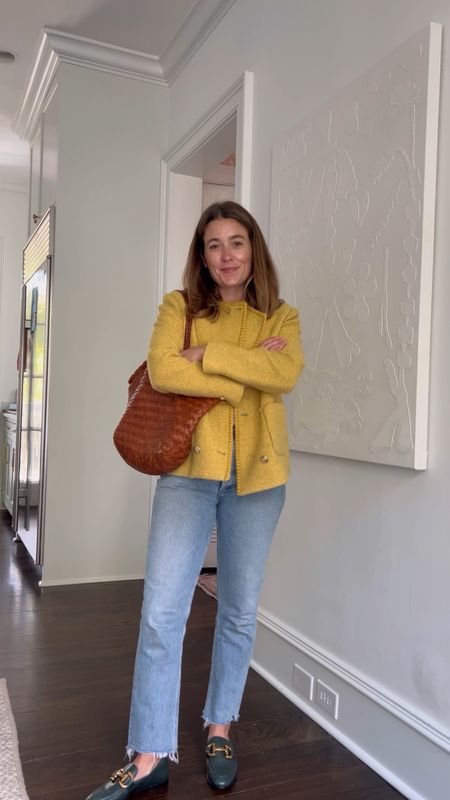Easy fall outfit with a statement jacket, my favorite jeans, basic tee and loafers! These green loafers were just RESTOCKED. #yellow #fallcolors #favoritejeans