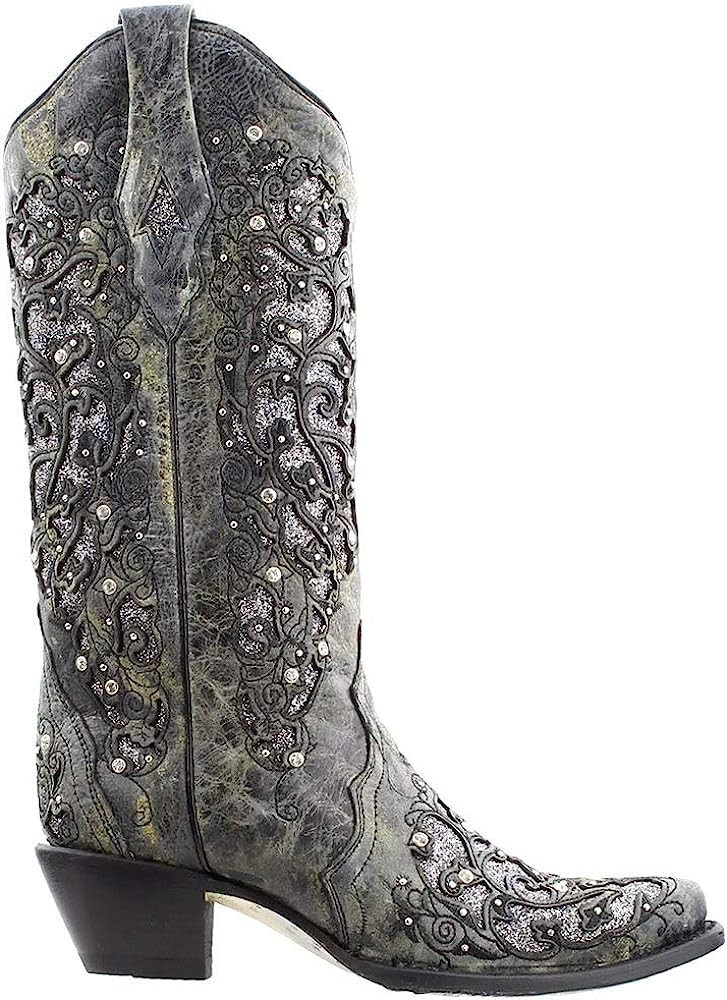 CORRAL LADIE'S BROWN INLAY & FLOWERED EMBROIDERY & STUDS & CRYSTALS, SNIP TOE, LEATHER SOLE, WEST... | Amazon (US)