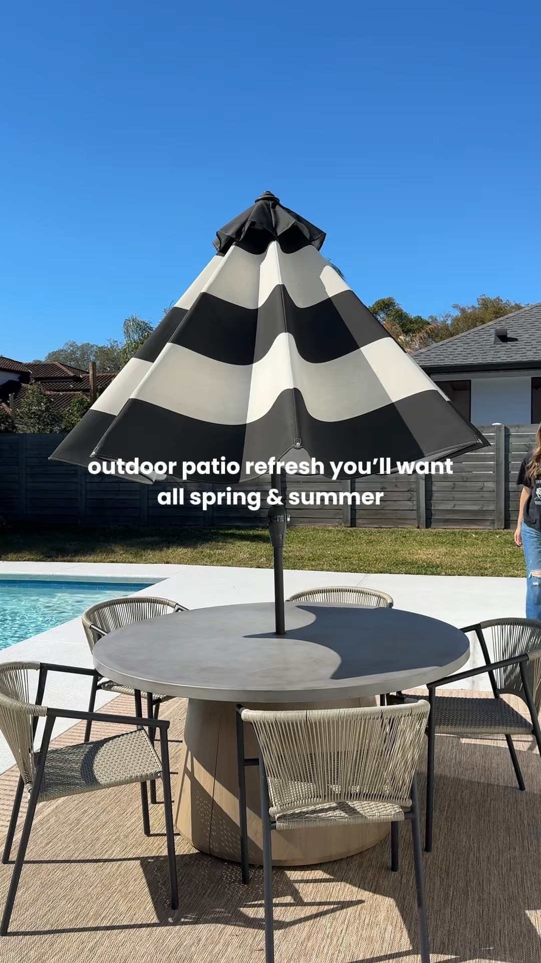 Outdoor patio refresh! Here’s what I added to elevate my patio:

• Striped outdoor rug – instantly grounds the space and adds that designer look. I love a neutral stripe for that earthy, modern vibe (plus it’s weather-resistant 🙌🏼)
• Patio umbrella – not just for shade, it makes everything feel styled and intentional (very resort energy)
• Outdoor chairs – comfy + neutral tones = a cozy spot you’ll actually use every day 

#LTKHome #LTKOver40 #LTKSaleAlert
