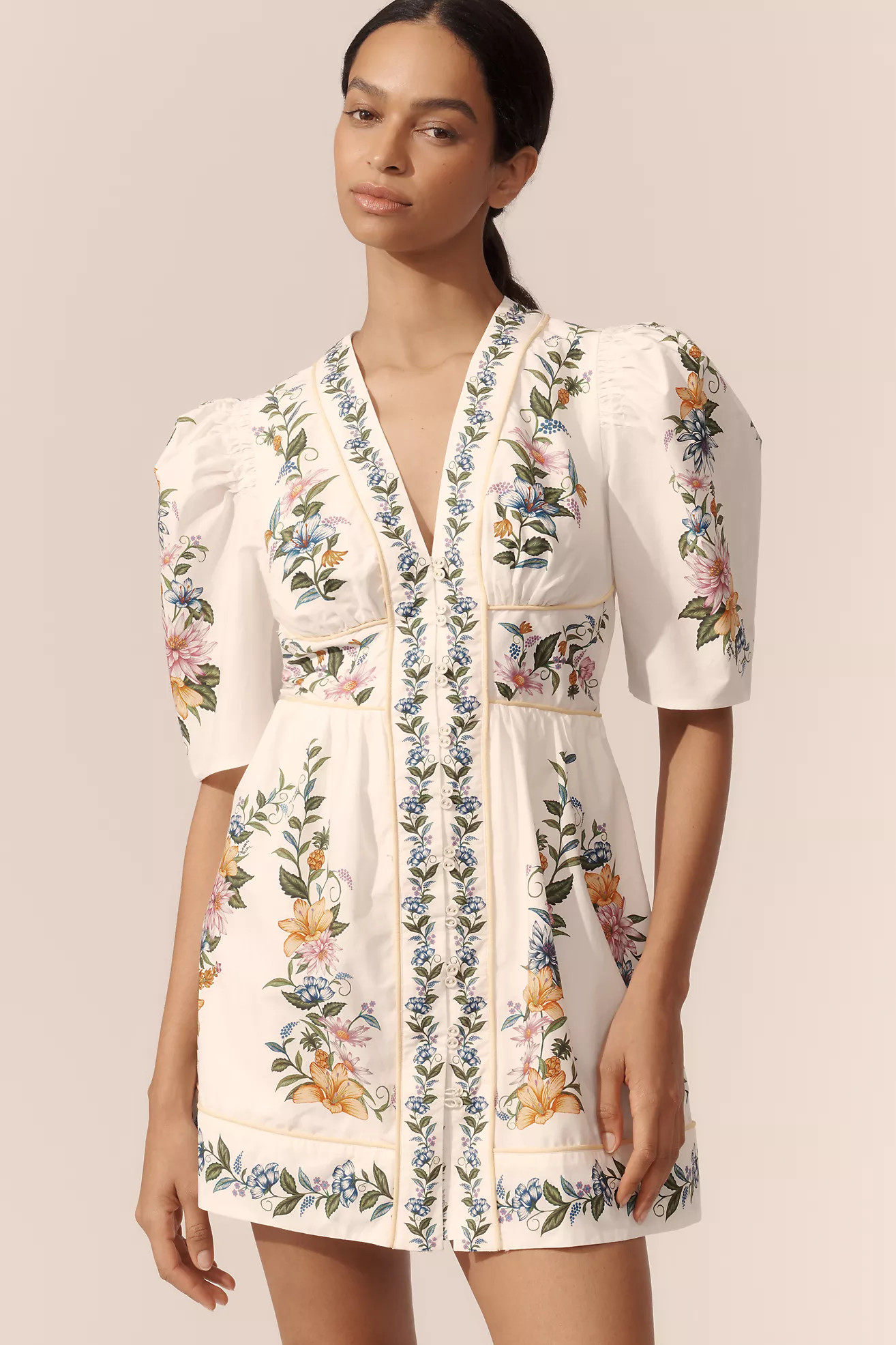 Farm Rio Sweet Bloom Dreamscape Puff-Sleeve Mini Dress | Anthropologie (US)