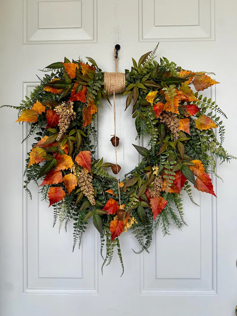Fall Cascading Wreath With Fern, Birch Leaves, and Rustic Acorn Bells; Rustic Moody Autumn Foliag... | Etsy (Global)