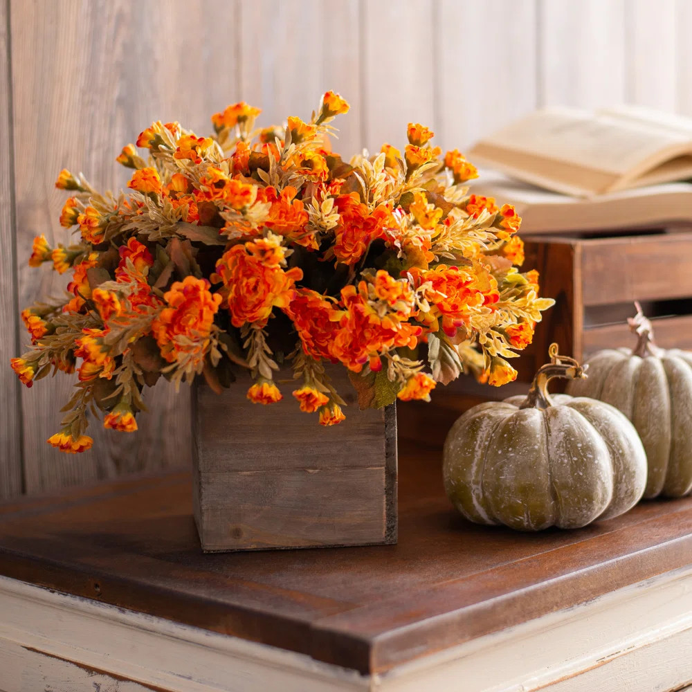Primrue Mini Golden Mum Fall Farm House Floral Arrangement Centerpiece In Natural Wood Window Box... | Wayfair North America