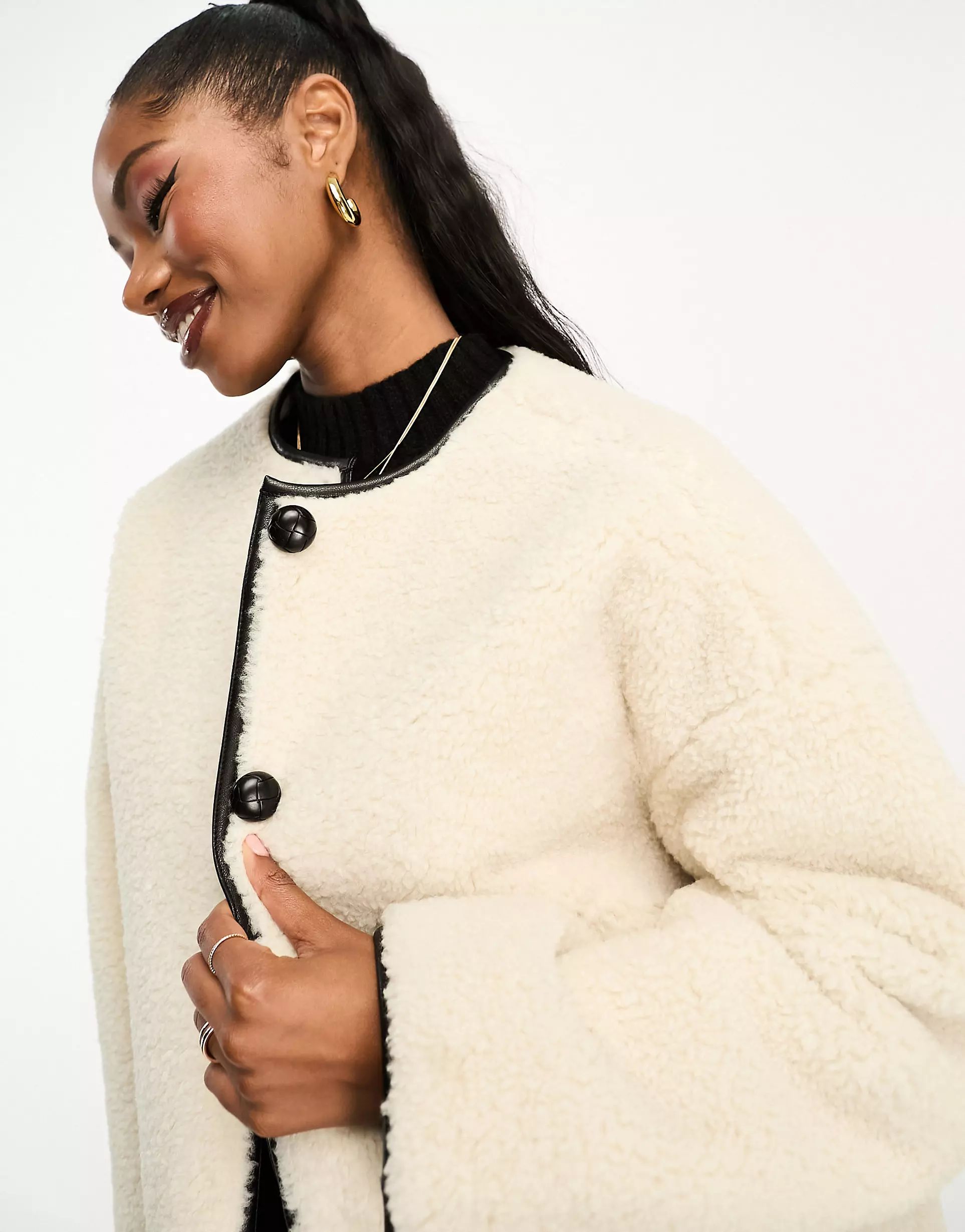4th & Reckless button detail faux shearling jacket in cream | ASOS (Global)