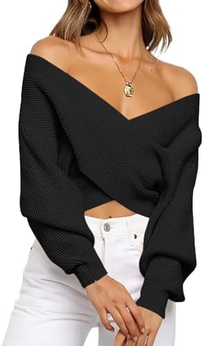 BTFBM Off The Shoulder Sweater for Women Winter Fall Fashion 2025 V Neck Long Sleeve Ribbed Knit ... | Amazon (US)
