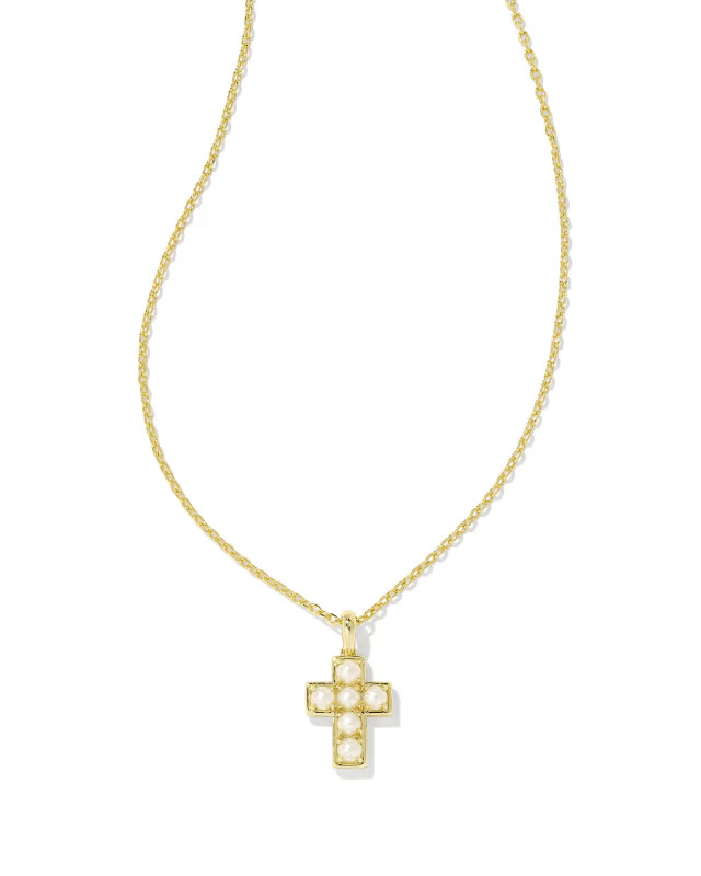 Pearl Gold Cross Short Pendant Necklace in Freshwater Cultured Pearl | Kendra Scott
