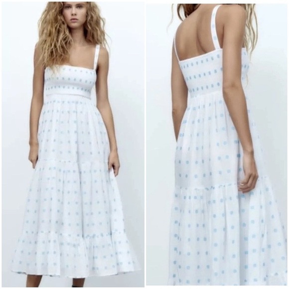 Zara Embroidered Smocked Floral Midi Dress Size L White Blue Blogger Favorite 21 | Poshmark
