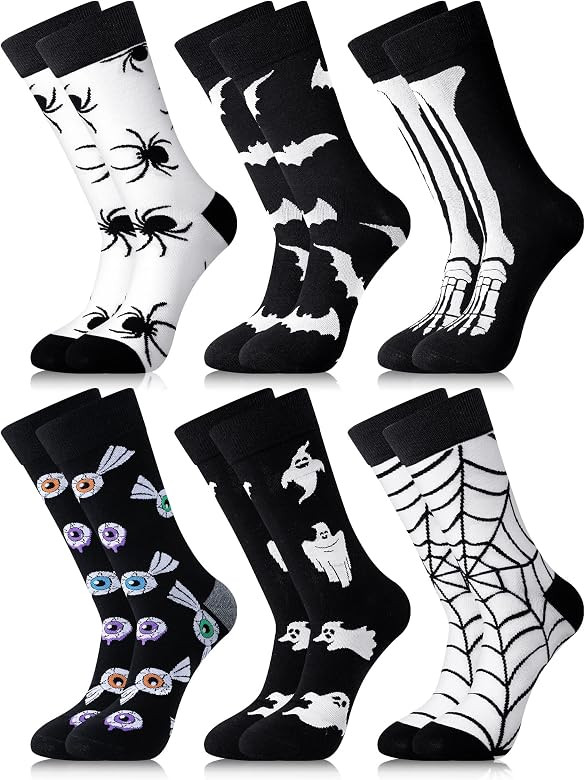 Mens Halloween Socks Novelty Fun Holiday Ghost Skeleton Bats Spider Web Printed Crew Socks for Ad... | Amazon (US)