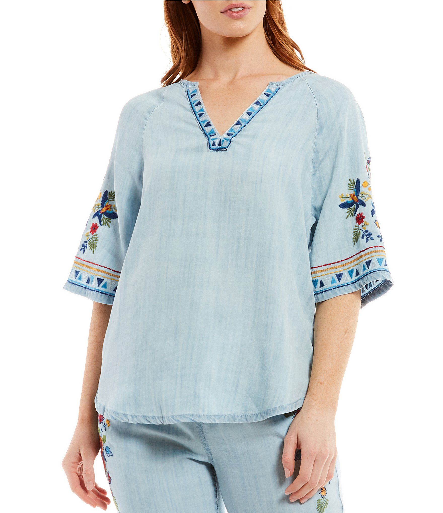 Reba Floral Embroidered V-Neck Short Sleeve Chambray Coordinating Tunic | Dillard's | Dillard's