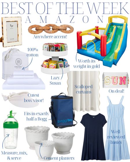 Amazon best of the week! Outdoor play, bounce house, slide, organizing ideas, blue dress, beach bag, sheets, white bow visor, kitchen gadgets, kitchen favorites, cooler, pool bag, scalloped planter, ruffled planter, scalloped curtains, lazy Susan, rattan, home decor, grandmillenial home, Amazon finds 

#LTKunder50 #LTKhome #LTKSeasonal