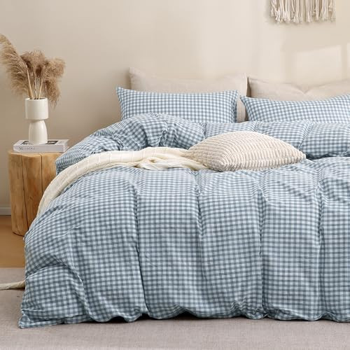TOCOMOA Blue Gingham Duvet Cover Bedding Set 100% Washed Cotton Like Linen Feel Super Soft Comfortable 3 Piece Plaid Checkered Comforter Cover Set (California King 104"x98", Comforter Not Included) | Amazon (CA)