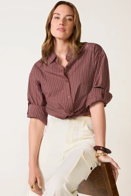EVEREVE Women's Adam Twist Front Shirting, Size Large, Burgundystripe Red | Evereve