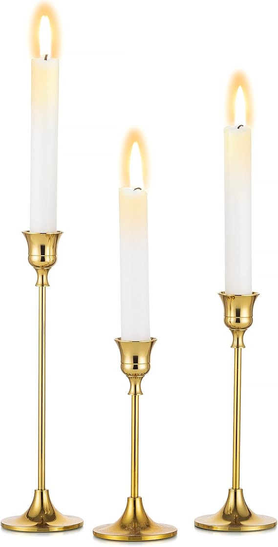Inweder Gold Candle Holders for Candlesticks - Set of 3 Taper Candle Holders, Tall Metal Candlest... | Amazon (US)