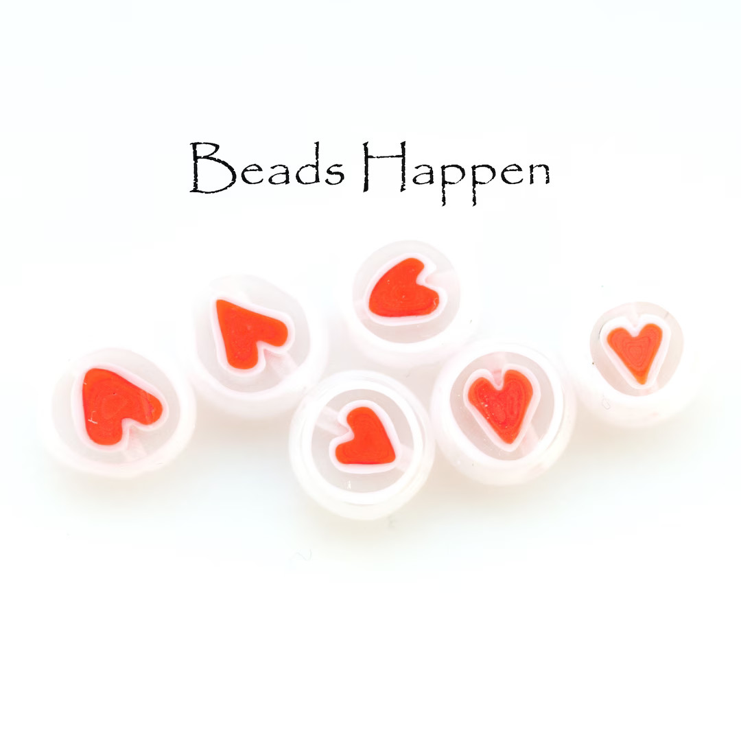 8mm Heart Millefiori Coin Beads, White with Red Hearts Heart, Glass Beads Bead, Cane Glass Beads,... | Etsy (US)