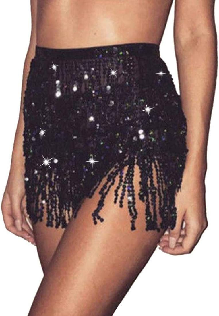 Victray Belly Dance Hip Skirt Tassel Scarf Sequin Wrap Rave Costume for Women | Amazon (US)