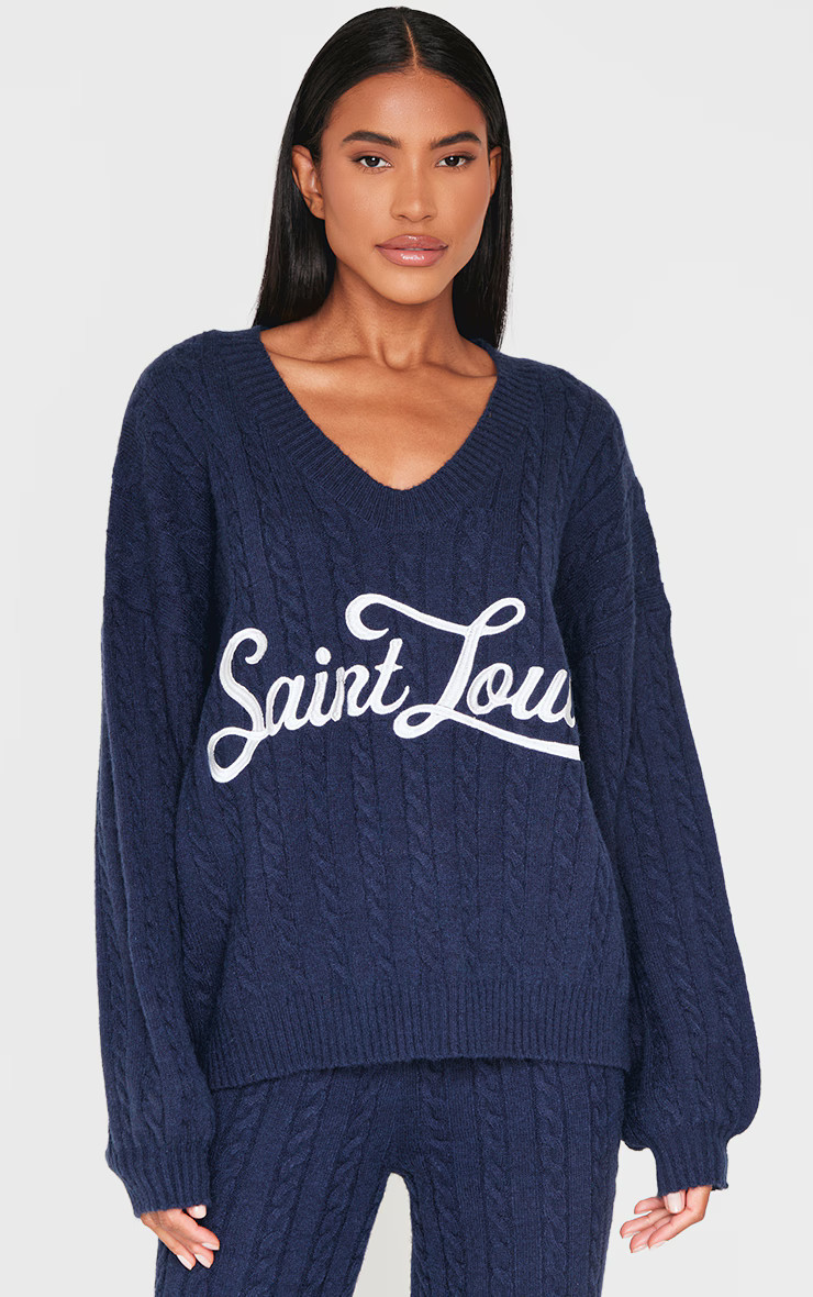 Navy Cable Knit Embroidered V Neck Sweater | Knitwear | PrettyLittleThing US
