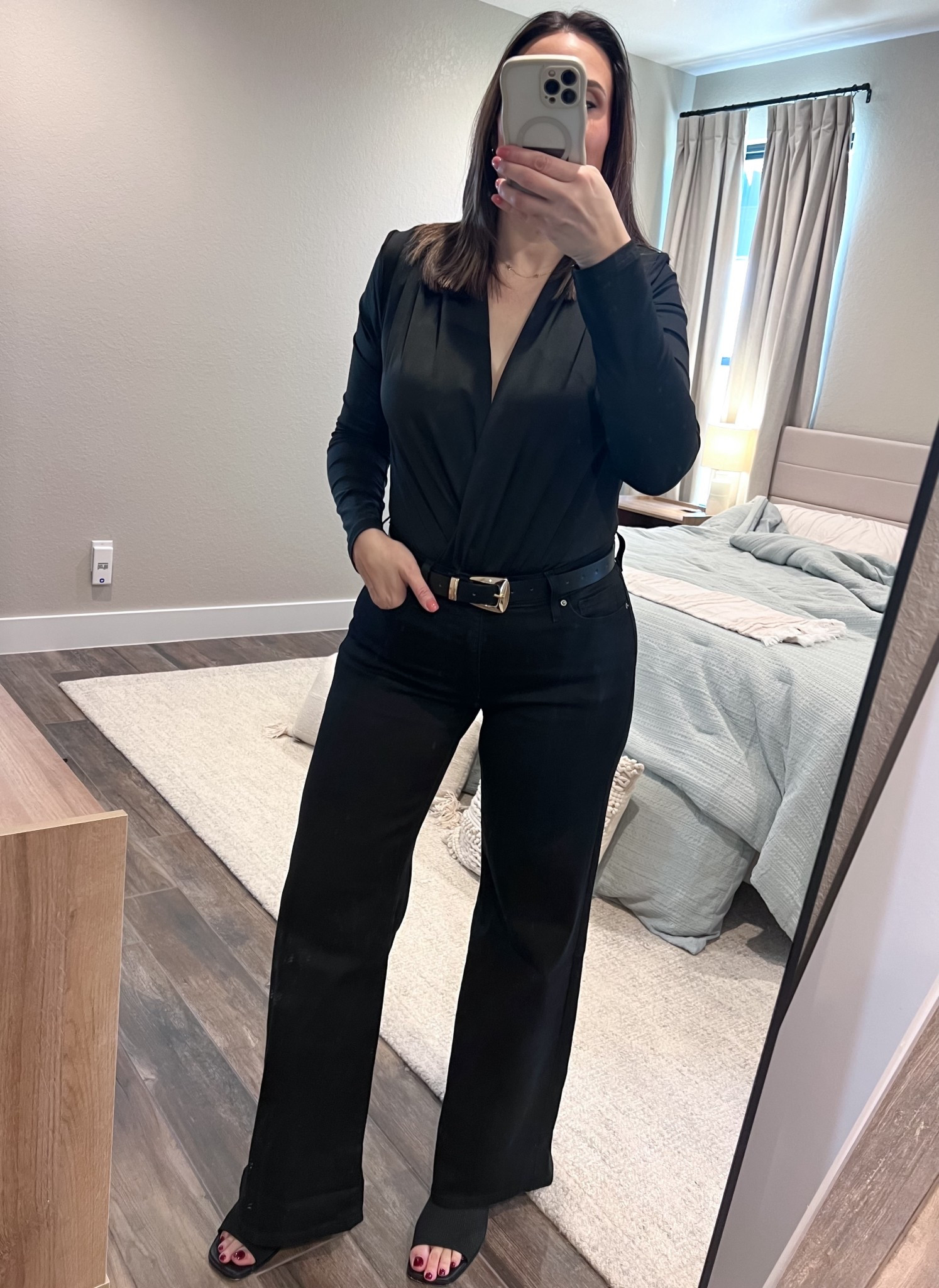 Bodysuit - size medium 
Wide leg jeans - size 29 (regular inseam) 
Belt - Amazon 
Kitten Heels - TJ Maxx, but linking similar options

I’m usually a size 10/30 in pants and sized down to the 29’s. They fit perfect! 
#midsize #midsizestyle #midsizeoutfit 

#LTKMidsize #LTKStyleTip
