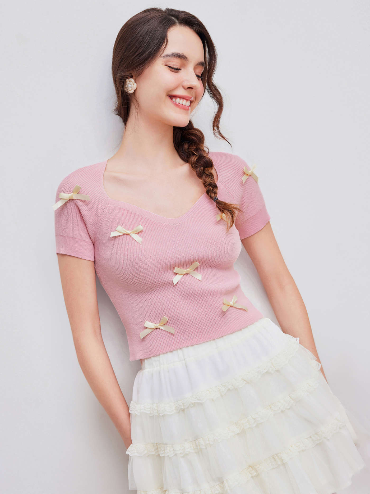 Knit V-neck Bowknot Crop Short Sleeve Top | Cider