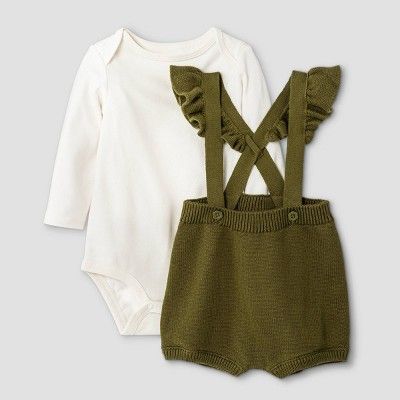 Baby Girls' 2pc Ruffle Shoulder Bodysuit & Sweater Set - Cat & Jack™ Olive Green | Target