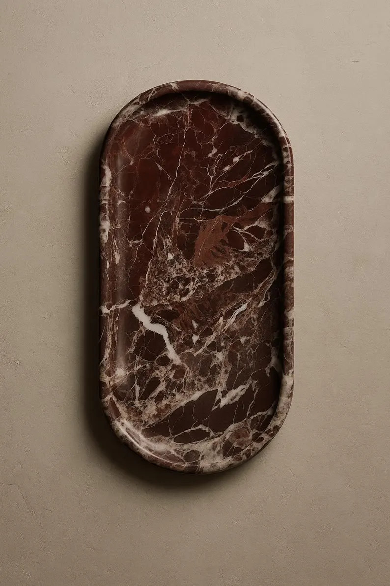 Rosso Levanto Marble Oval Tray – Handcrafted Deep Burgundy Catchall Dish – Natural Stone Vani... | Etsy (US)