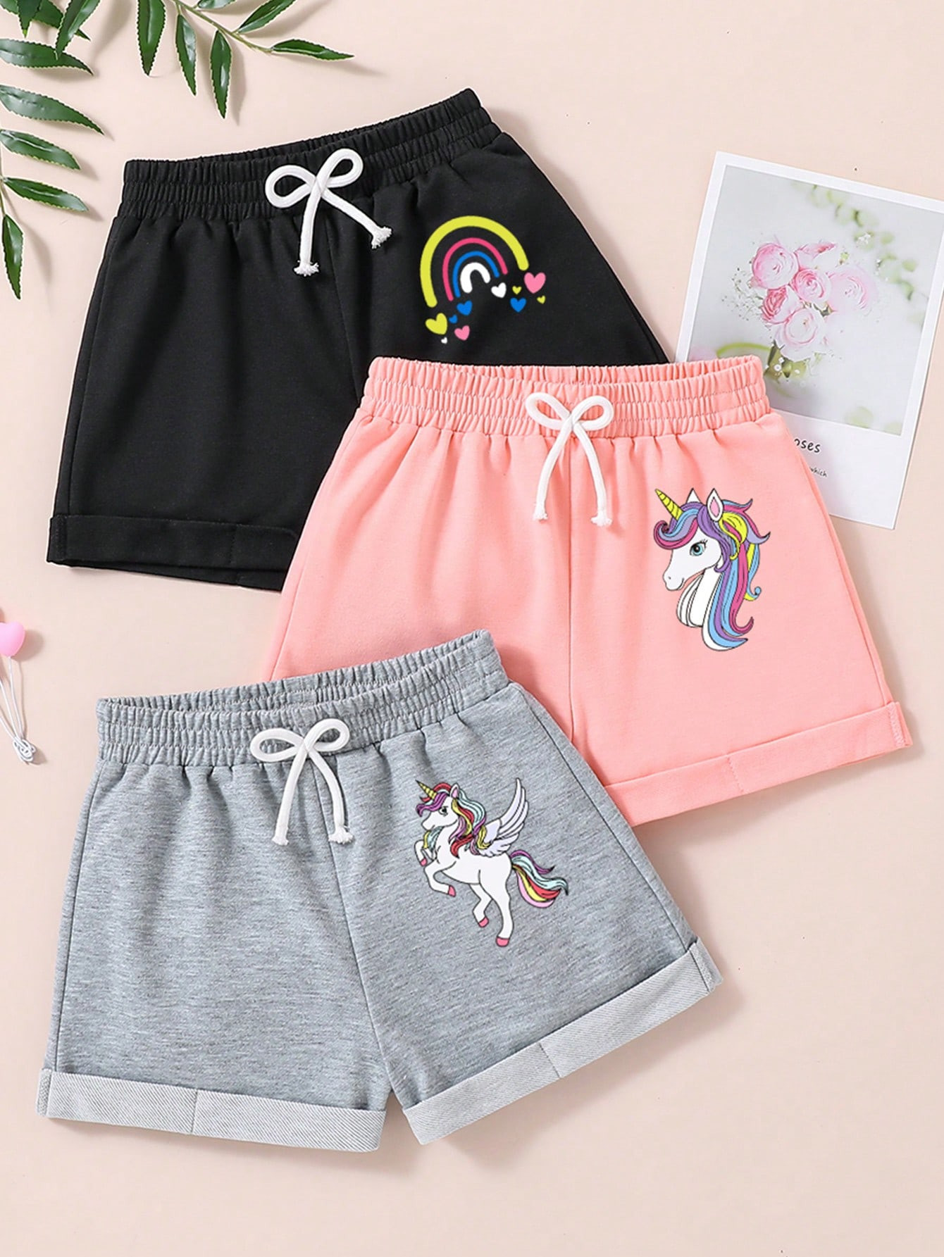 Trends3pcs Young Girls' Cartoon Unicorn Print Shorts Set | SHEIN