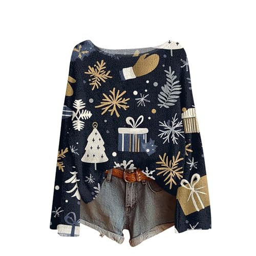 Christmas Sweaters for Women 2030 Elegant Long Sleeve Dressy Casual Pullover Cute Vintage Snowflake Print Graphic Ugly Sweater Trendy Crewneck Fall Fashion Tunics Knit Jumper (I Navy, X-Large | Amazon (US)