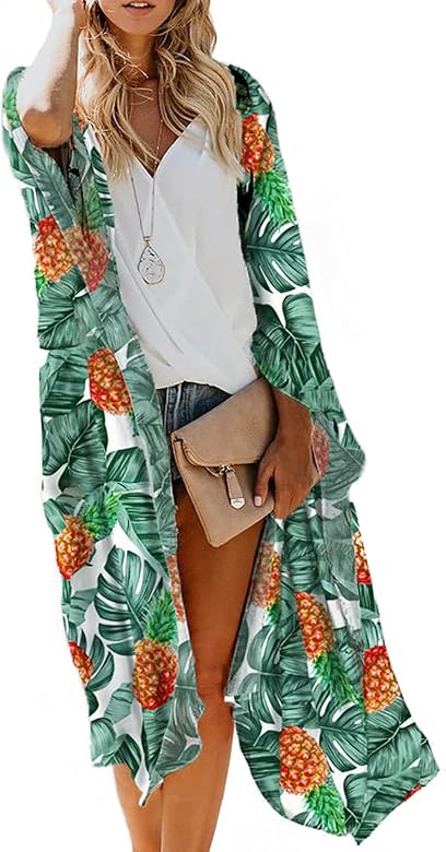 MayBuy Women's Summer Long Flowy Kimono Cardigans Boho Chiffon Floral Beach Cover Up Tops | Amazon (US)