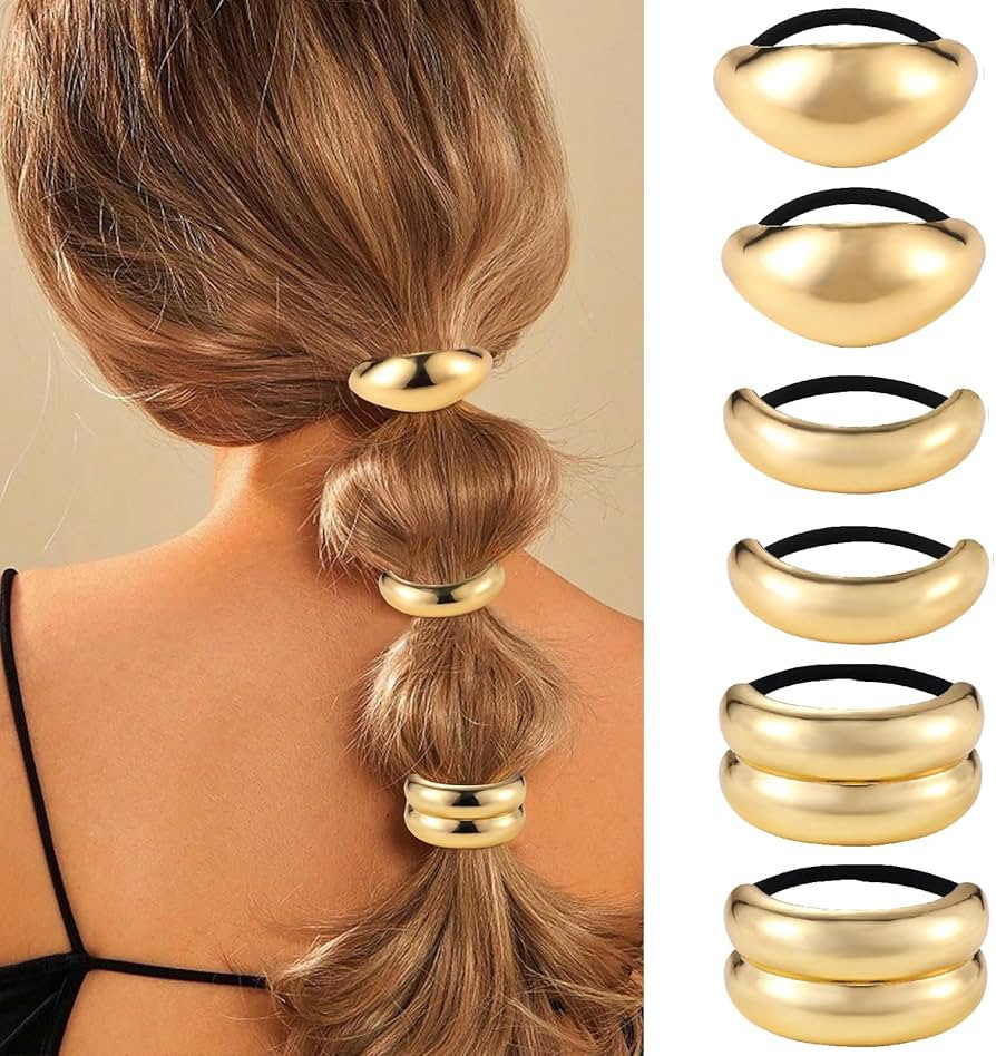 papasgix 6 PCS Metal Hair Tie, Gold and Silver Hair Cuffs, Ponytail Cuff with Elastic Ties, and H... | Amazon (US)