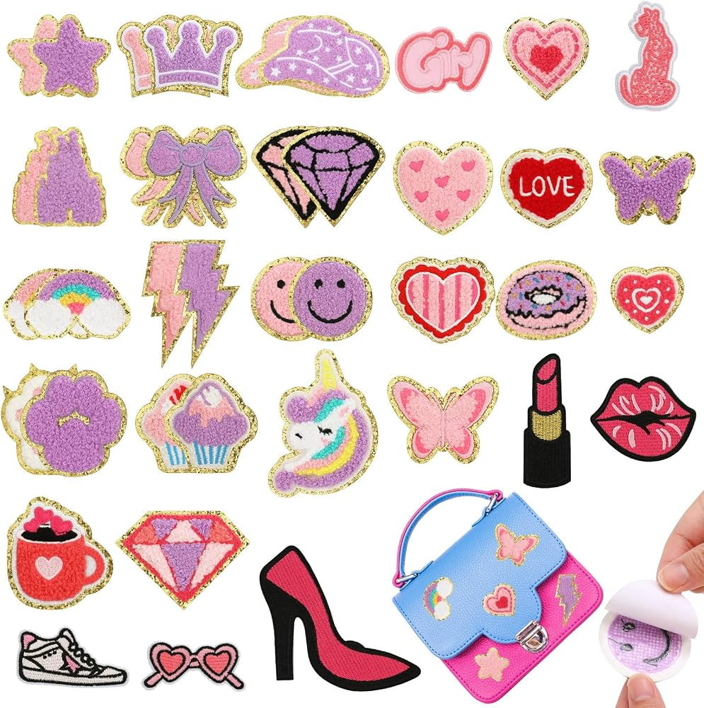 Jspupifip 40 Pcs Chenille Embroidered Patches, Self Adhesive Glitter Patches Heart Stars Rainbows... | Amazon (US)
