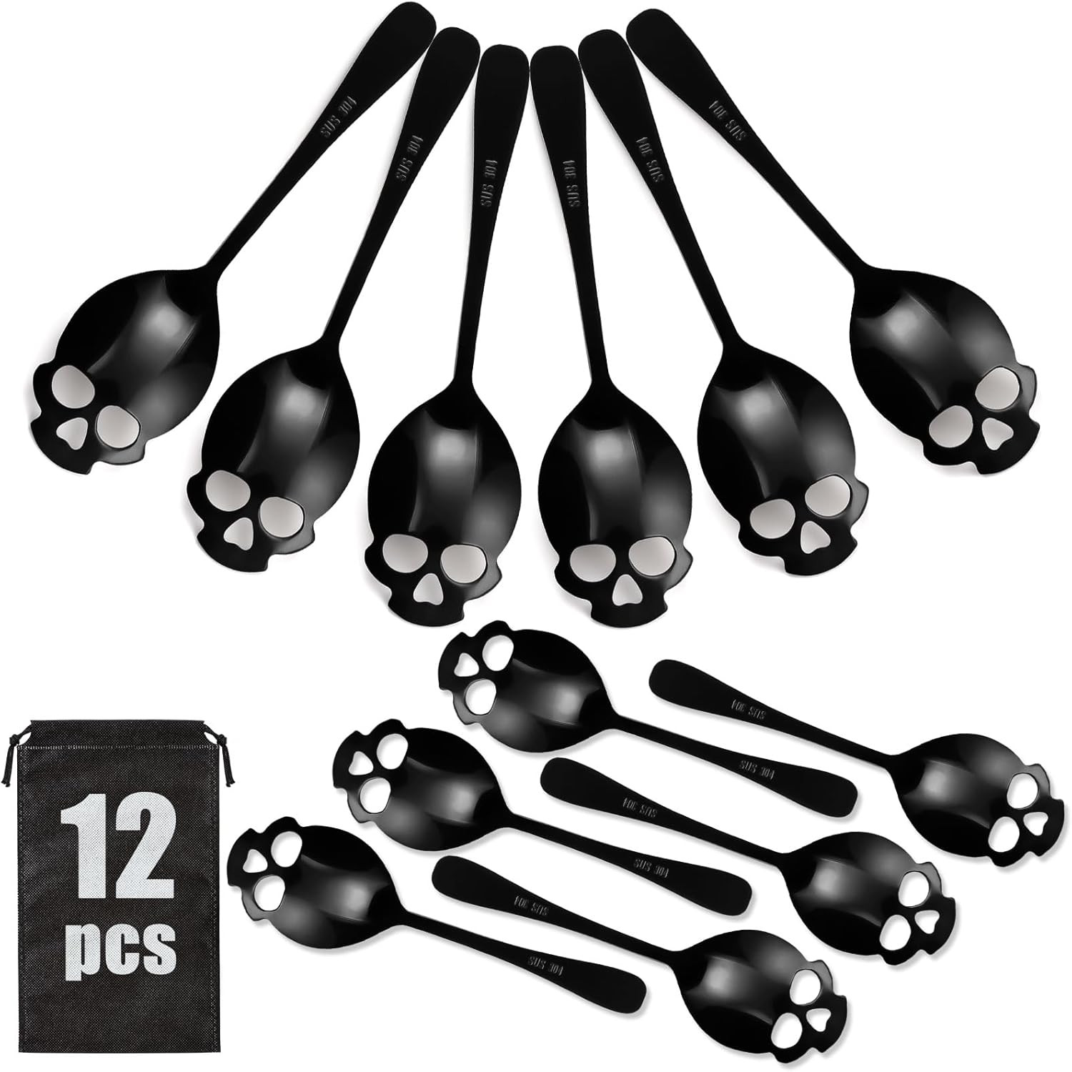 12 Pack Halloween Skull Teaspoons, 6-inch Black Skull Spoons, Stainless Steel Skull Coffee and Te... | Amazon (US)