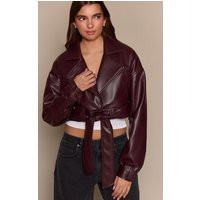Chocolate Plum Faux Leather Cropped Biker Jacket | PrettyLittleThing UK
