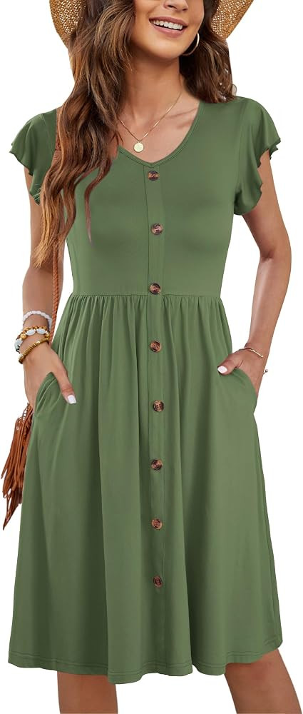WNEEDU Summer Dresses for Women 2026 Casual Loose Cap Sleeve Sundress Swing Button Down Dress Bea... | Amazon (US)