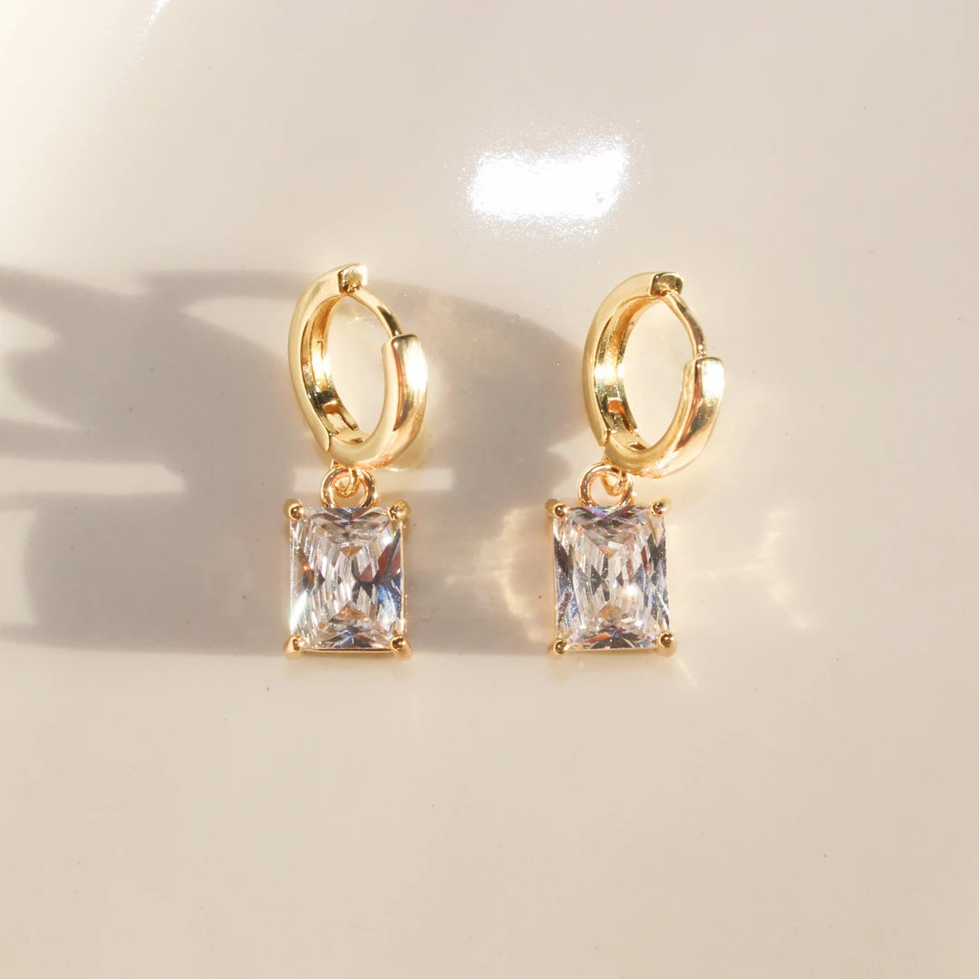 EMMA Sparkling Drop Earrings in 24K Gold Huggies With Cubic Zirconia Rectangle Birthday Wedding P... | Etsy (US)
