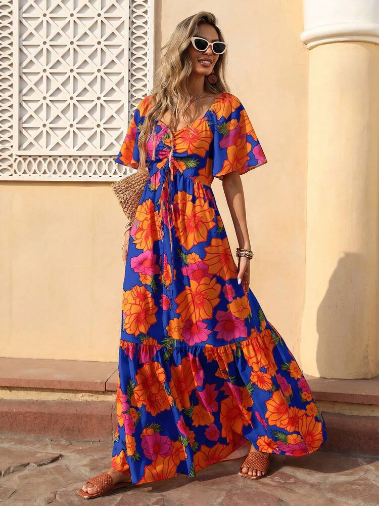 Selianne Women's Spring Summer 1-Piece Bohemian Vacation Style Magenta Base Orange Floral Print V... | SHEIN