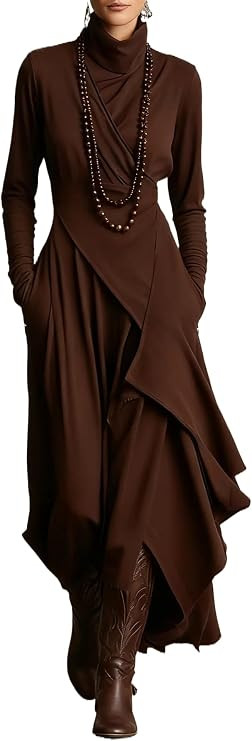 Women High Neck Long Sleeve Maxi Dress Wrap Waist Asymmetrical Ruffle Hem Flowy Long Dress Vintag... | Amazon (US)