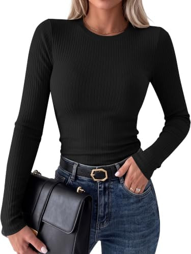 ANRABESS Ribbed Slim Fit Long Sleeve Shirts for Women | Soft Stretchy Basic Crewneck Tops, Busine... | Amazon (US)
