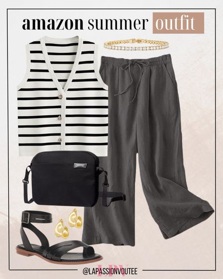 Stay cool and stylish this summer with a stripe tank top and palazzo pants, complemented by stud earrings, a gold bracelet, a slim crossbody bag, and ankle flat sandals. Perfect for any occasion!

#LTKFindsUnder100 #LTKStyleTip #LTKSeasonal