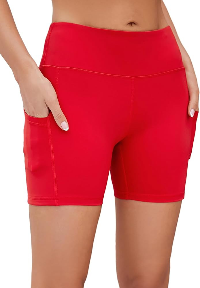 AHLW Workout Biker Shorts for Women with Pockets - High Waisted Stretchy Buttery Soft Athletic Ru... | Amazon (US)