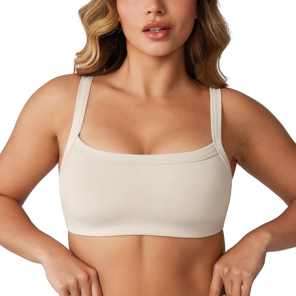 Hugcurve Adjustable Sports Bra Square Neck Wireless Padded Yoga Workout Tops | Amazon (US)