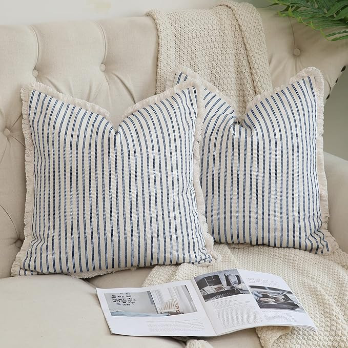 Hckot Throw Pillow Covers 24x24 Set of 2 Striped Pillow Covers with Fringe Chic Cotton Decorative... | Amazon (US)