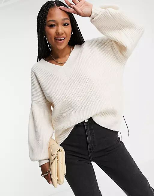 ASOS DESIGN v neck fluffy jumper in cream | ASOS | ASOS (Global)